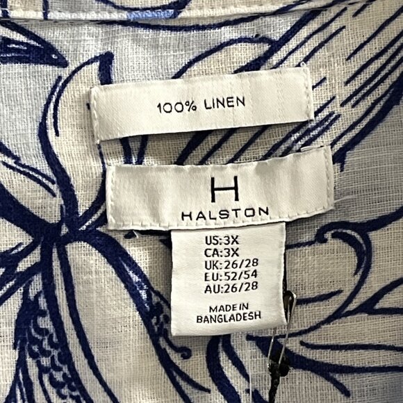 H Halston Top Women 3X Blue Floral Linen Button Down Shirt Beach Resort Vacation - Picture 4 of 8